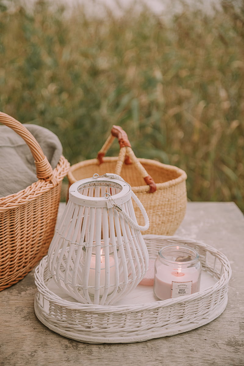 basket, candles, jar, wooden, wicker, HD phone wallpaper