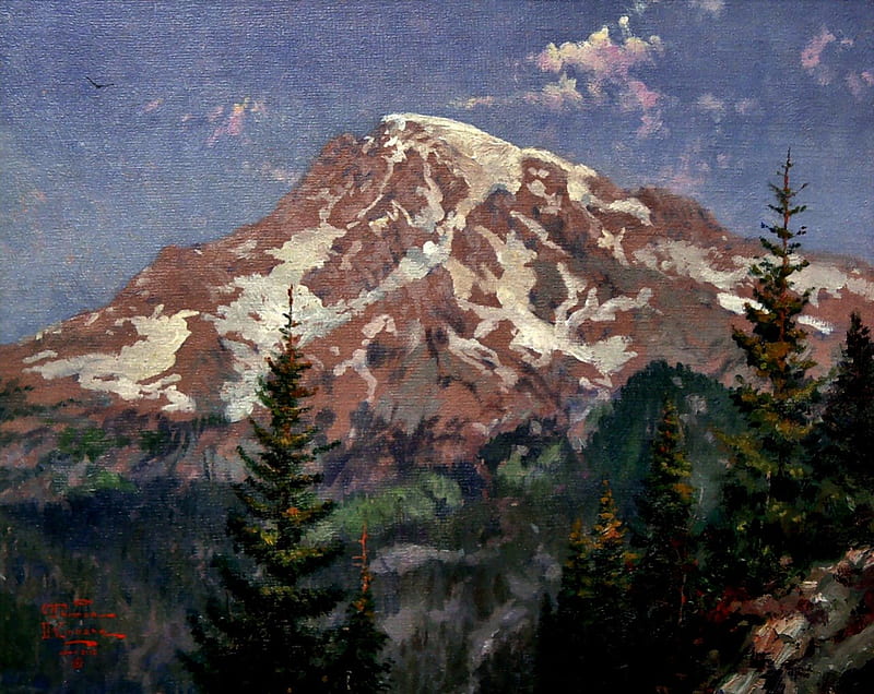 Mount Ranier 1, art, Mt Ranier, Thomas Kinkade, artwork, Kinkade, mountains, painting, wide screen, scenery, landscape, HD wallpaper