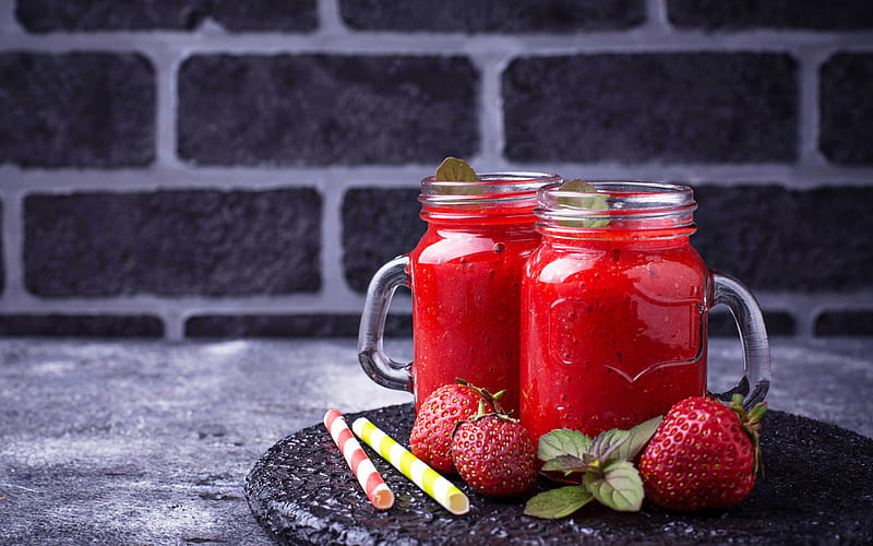 strawberry smoothies, macro, berries, fruits, breakfast, smoothie in glassful, healthy food, strawberry, fruit smoothies, smoothies with strawberry, HD wallpaper