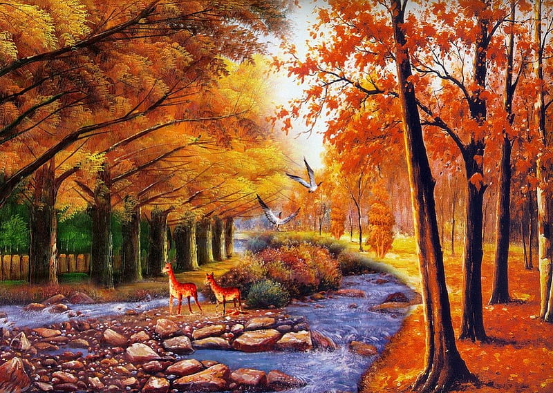 Autumn park, stream, fall, colorful, autumn, shore, falling, bonito, foliage, deer, leaves, nice, calm, stones, painting, river, animals, art, quiet, lovely, golden, colors, creek, trees, serenity, nature, roe, HD wallpaper
