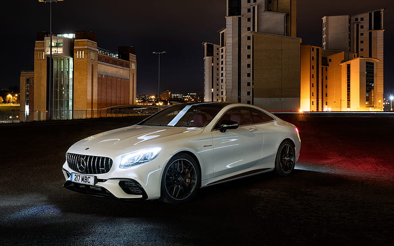 Mercedes-Benz S63 AMG, Coupe, 2018, 4MATIC, front view, exterior, white sports coupe, night, tuning S63, black wheels, Mercedes, HD wallpaper