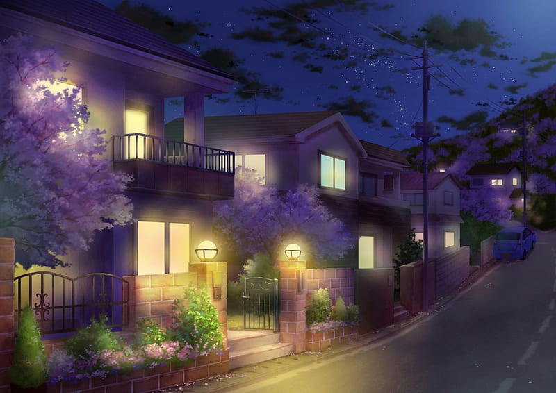 By Night Time, house, glow, scenic, home, black, building, anime, dark, scenery, scene, light, night, HD wallpaper