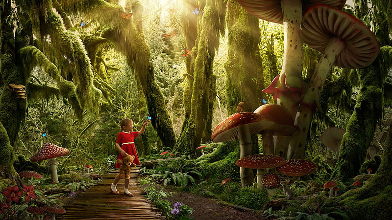 Enchanted Forest, forest, girl, sunlight, flowers, butterflies, child, mushrooms, trees, HD wallpaper