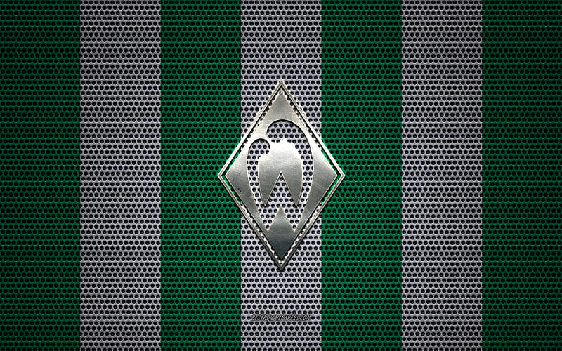SV Werder Bremen logo, German football club, metal emblem, green and white metal mesh background, SV Werder Bremen, Bundesliga, Bremen, Germany, football, HD wallpaper