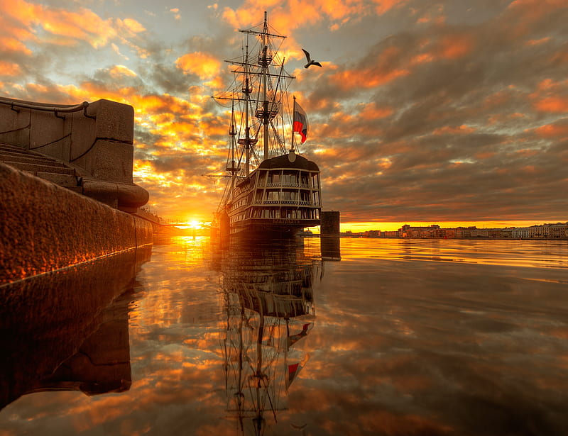 Ready for Loading, galleon, water, boat, ship, masts, sunrise, clouds, HD wallpaper