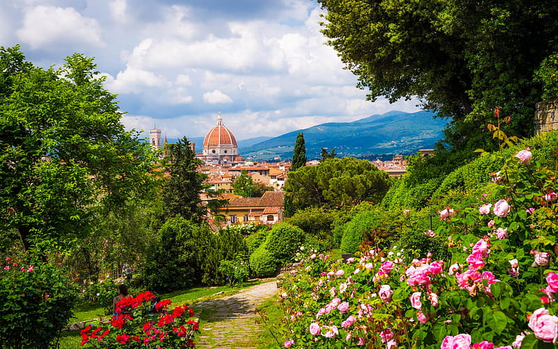 Florence Cathedral, Cattedrale di Santa Maria del Fiore, Florence, mountain landscape, summer, Italy, HD wallpaper