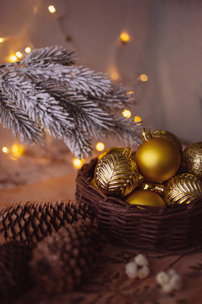balls, decorations, cones, branch, garland, new year, christmas, HD phone wallpaper