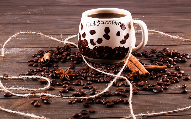 Cappuccino, coffee beans, white cup, coffee concepts, cinnamon, HD wallpaper
