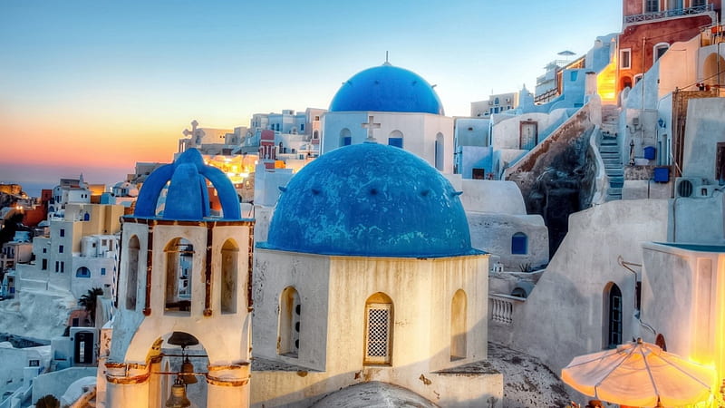 blue domes on a greek isle at dusk r, domes, town, dusk, r, island, church, HD wallpaper