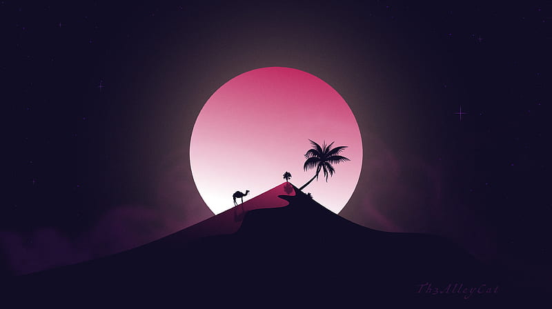 desert, hill, moon, camel, palm tree, art, HD wallpaper