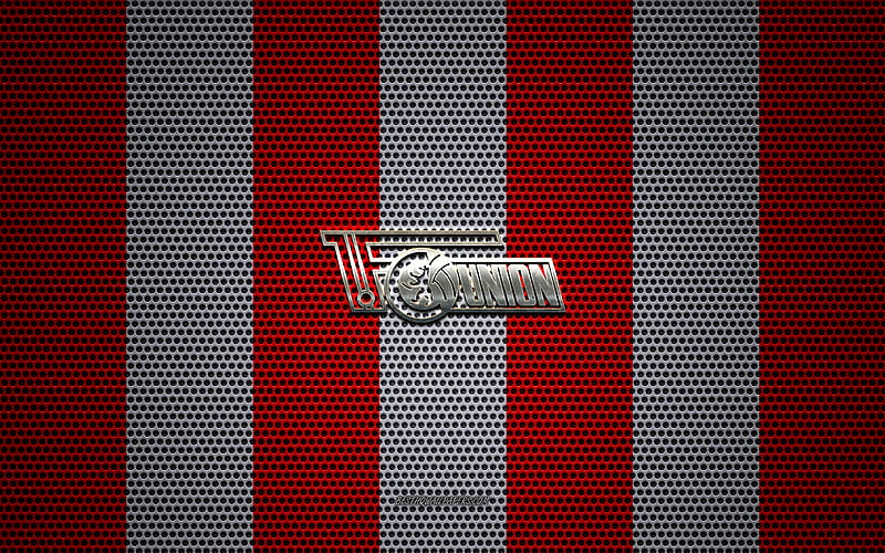 FC Union Berlin logo, English football club, metal emblem, red-white metal mesh background, FC Union Berlin, Bundesliga, Berlin, Germany, football, HD wallpaper