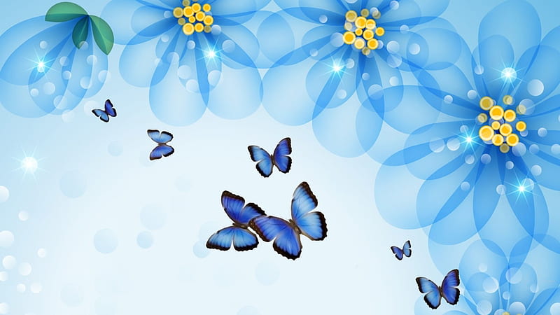 Beauty in Blues, summer, flowers, blossoms, spring, butterflies, Firefox Persona theme, blue, floral, HD wallpaper
