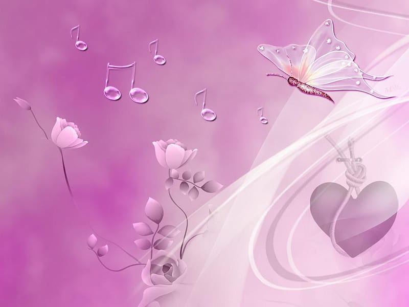 Musical Notes, butterfly, notes, heart, flowers, abstract, HD wallpaper