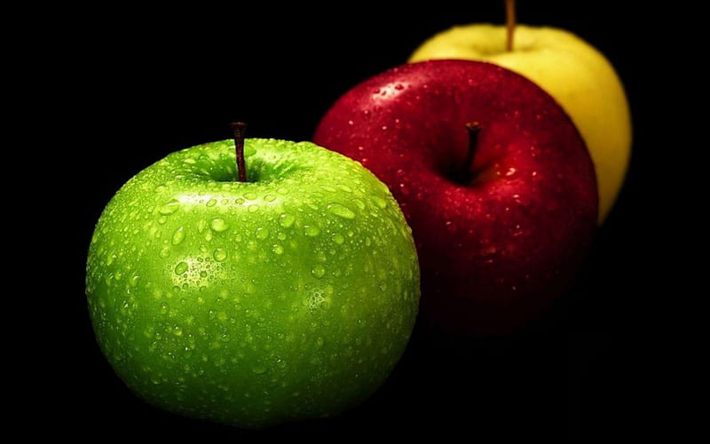 Apples, apple, red, autumn, food, background, black, yellow, fruit, green, HD wallpaper