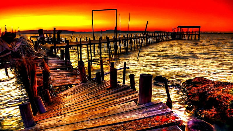 decrepit pier under red sky r, red, pier, r, sunset, sea, decrepit, HD wallpaper