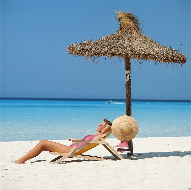 beach, Girl, Relaxing, Hat, Deckchair, HD wallpaper