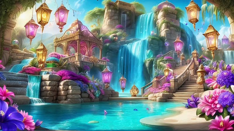 Enchanting Oasis With Vibrant Waterfall, art, water, digital, lamps, stairs, HD wallpaper
