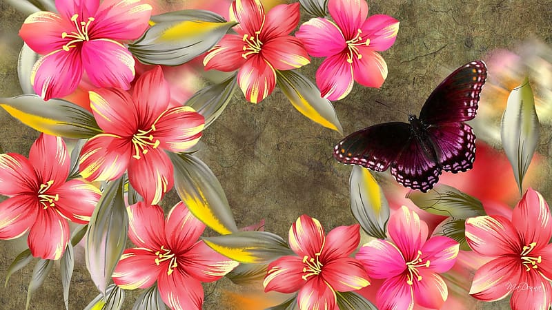 Flowers, Pink, Flower, Butterfly, Purple, Spring, Artistic, Hibiscus, HD wallpaper