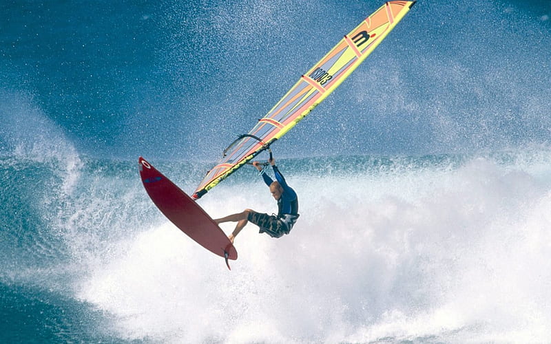 wind surfing, board, wind, ocean, surfing, wave, sail, HD wallpaper