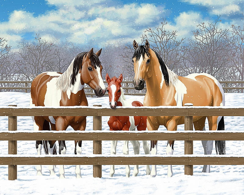 Horses in Winter Corral, foal, sky, snow, fence, painting, clouds, HD wallpaper