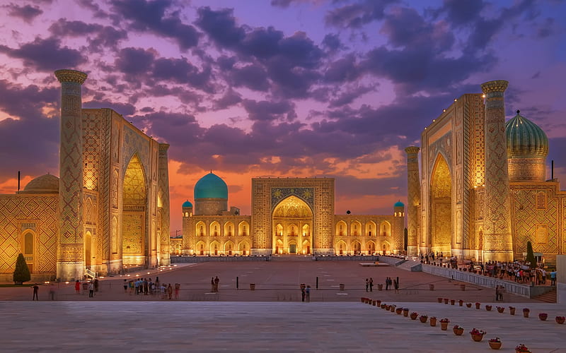 Samarkand, Uzbekistan, ancient city, evening, sunset, Islamic architecture, Samarqand, HD wallpaper