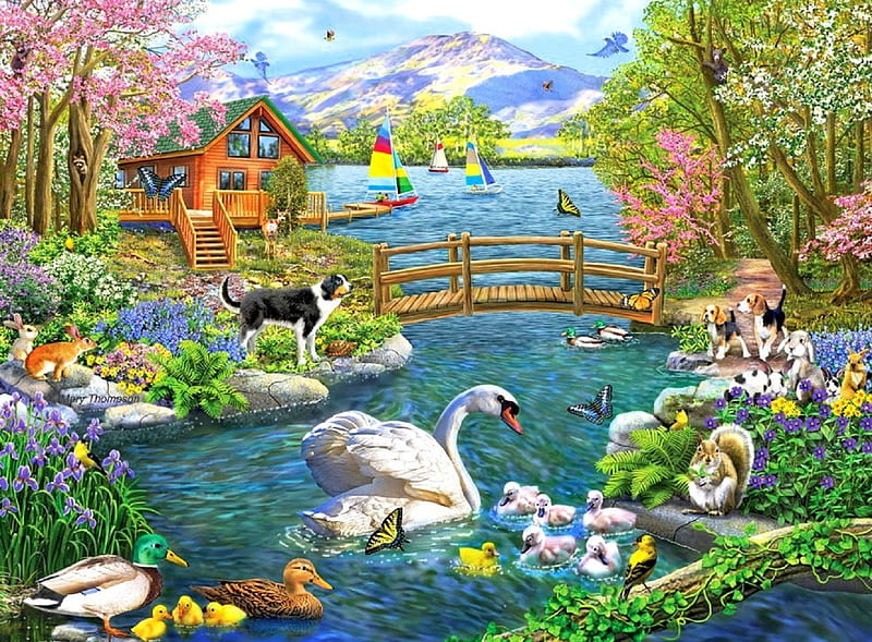 Spring Celebration, animals, lakes, bridges, love four seasons, spring, attractions in dreams, paintings, garden, flowers, nature, cabins, sailboats, HD wallpaper