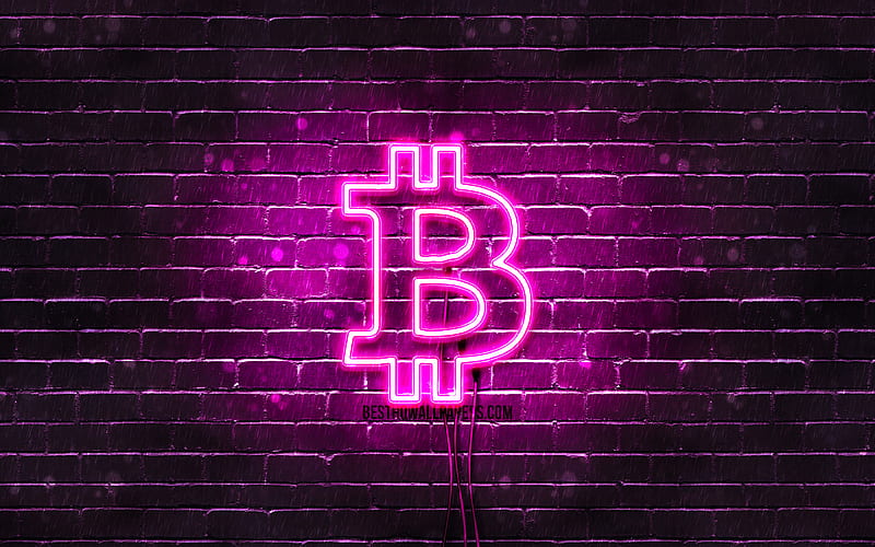 Bitcoin purple logo purple brickwall, Bitcoin logo, cryptocurrency, Bitcoin neon logo, Bitcoin, HD wallpaper