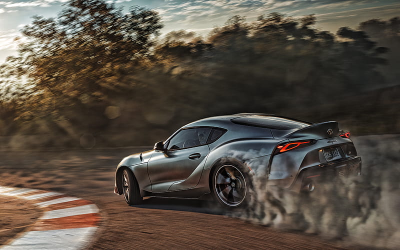 2020, Toyota Supra, drift, sports coupe, rear view, racing track, new gray Supra, japanese sports cars, Toyota, HD wallpaper
