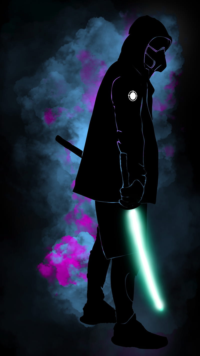 Boy with sword, katana, light, neon, dark, anime, HD phone wallpaper