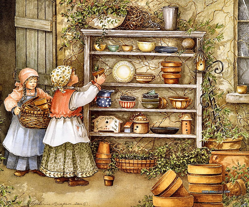 Potter's Two, planting, bakets, pots, window, garden shed, shelf, girls, busy, HD wallpaper