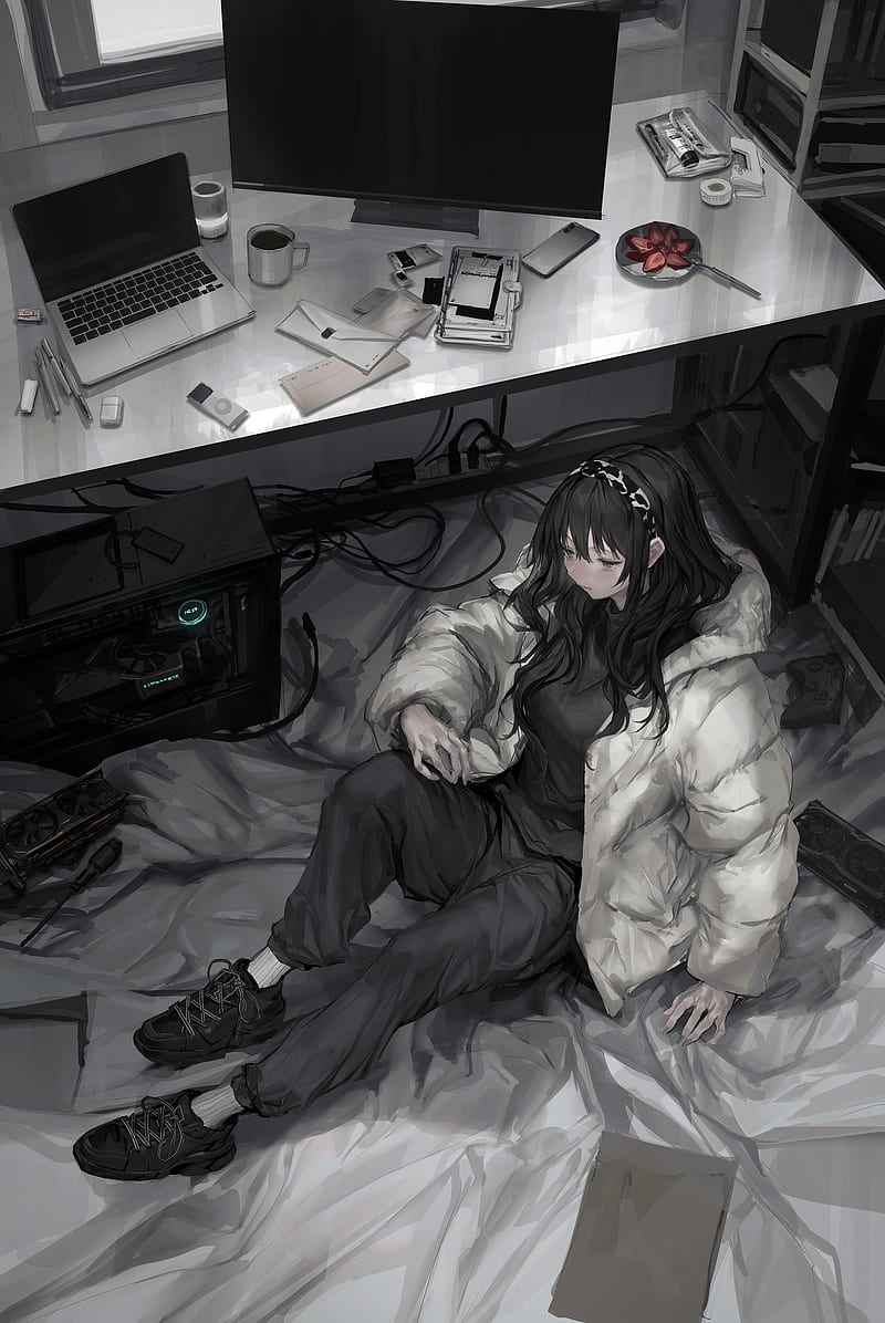 anime, anime girls, original characters, _LM7_, vertical, black hair, op-center, THE-LM7, computer, laptop, HD phone wallpaper
