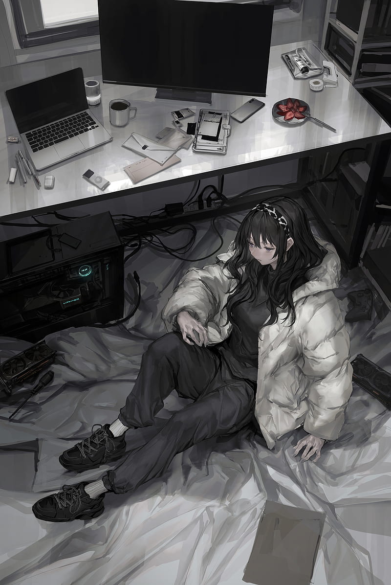 Megane anime girl, black hair, computer, room, Anime, HD wallpaper