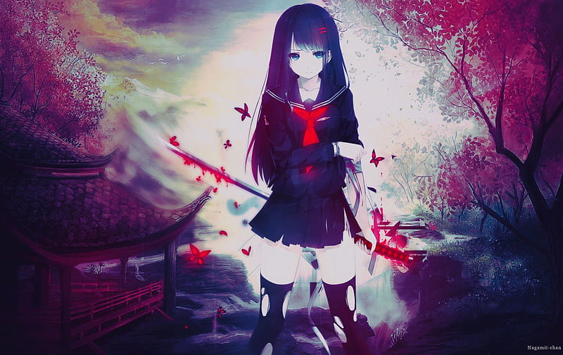 Anime, wound, butterflies, sword, black hair, blood, HD wallpaper