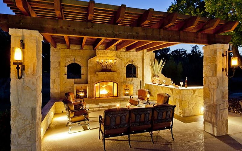 Cozy Pergola, interior, furniture, fireplace, terrace, HD wallpaper