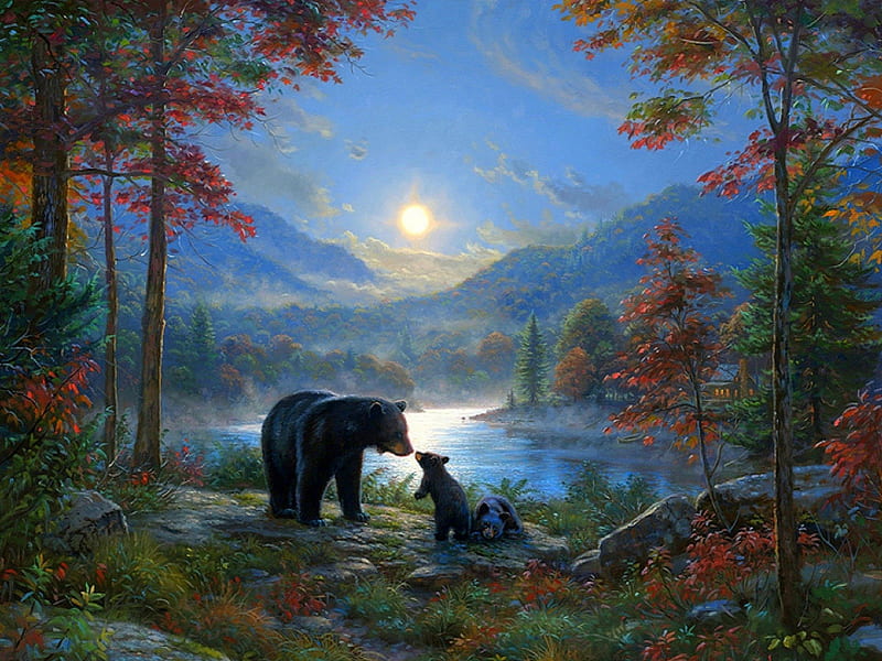 ★Bedtime Kisses★, moons, lakes, love four seasons, attractions in dreams, most ed, trees, sky, waterscapes, paintings, flowers, moonlight, nature, bears, forests, scenery, animals, HD wallpaper