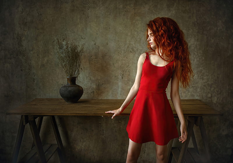 Red Head Girl Wavy Hair, red-dress, girls, model, HD wallpaper