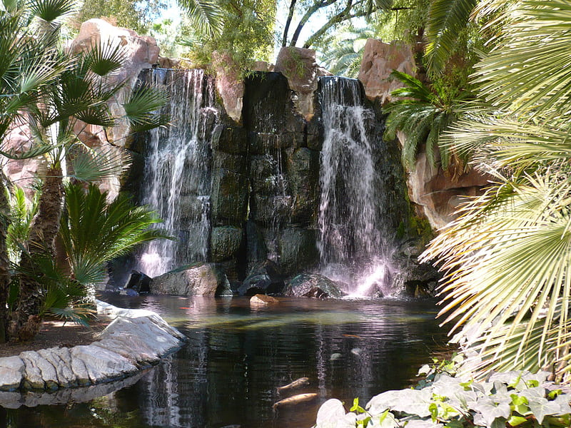Waterfalls at Flamingo Casino F2C nevada, flamingo, casino, waterfalls, graphy, water, usa, garden, scenery, las vegas, HD wallpaper