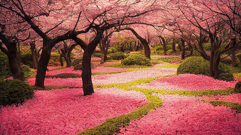 Beautiful cherry blossom sakura garden, trees, pink, leves, park, spring, HD wallpaper