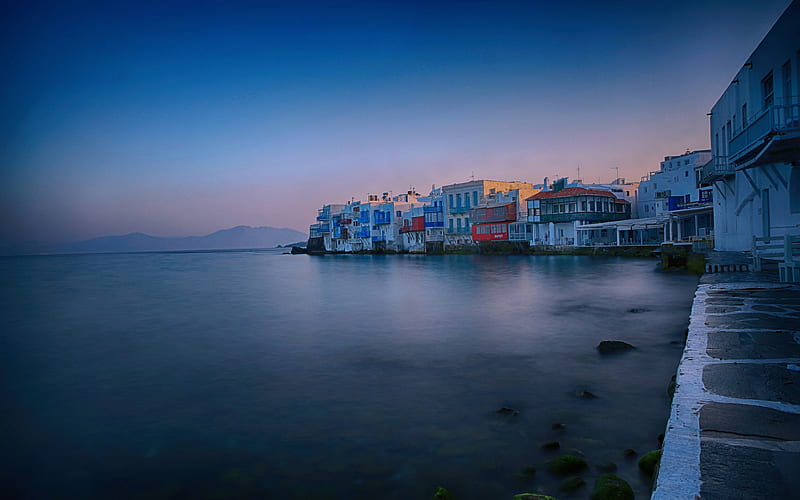 Mykonos, morning, sunrise, mediterranean sea, island, coast, Greece, HD wallpaper