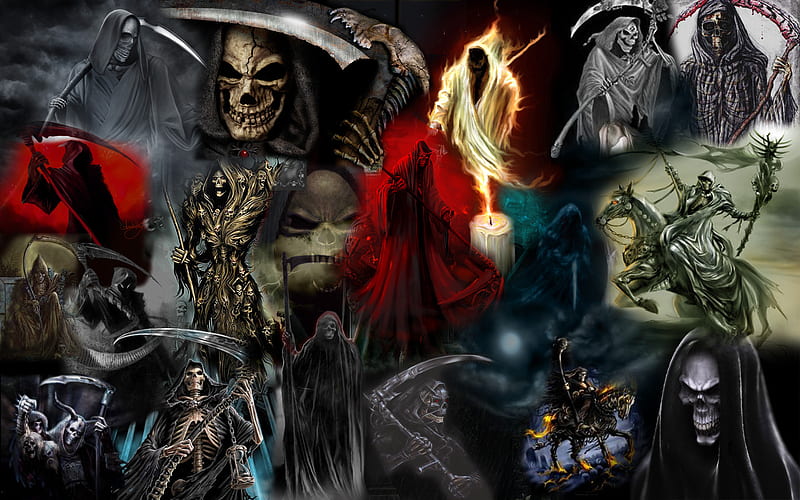 Grim Reapers, skeleton, death, evil, horror, grim reaper, dark, scary, weapon, skull, HD wallpaper