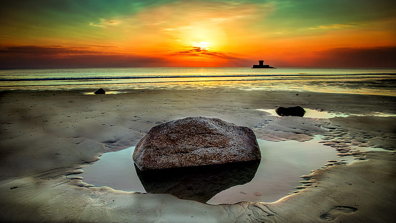 Beach Stone Rock Seashore Clouds Sunet, nature, beach, stone, rock, clouds, sunset, dusk, dawn, HD wallpaper