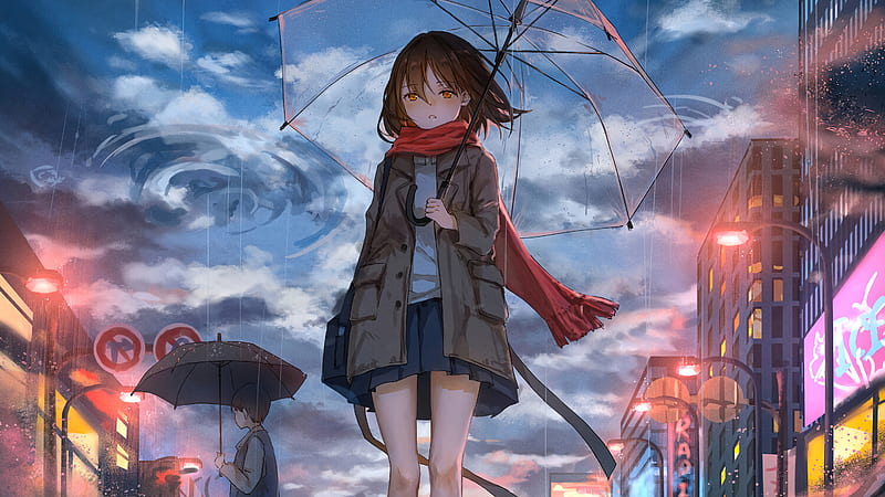  Chica anime lluvia paraguas viento, chica anime, anime, lluvia, paraguas, artista, Fondo de pantalla HD