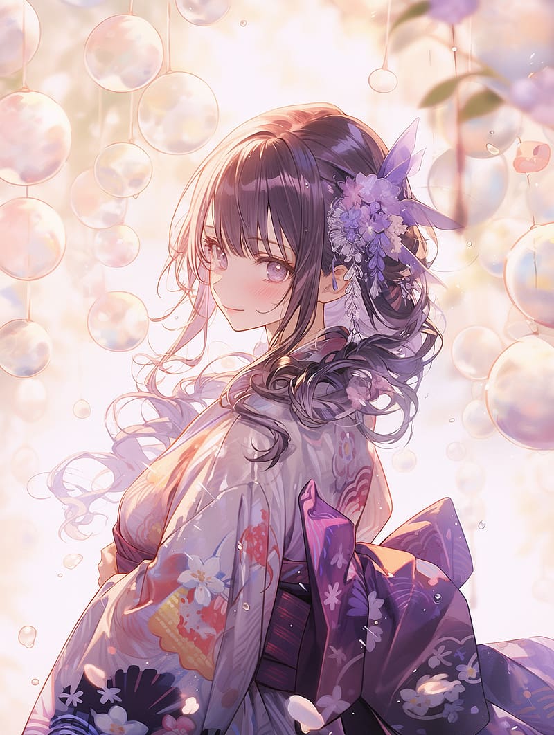 Girl, smile, flower, kimono, purple, anime, HD phone wallpaper | Peakpx