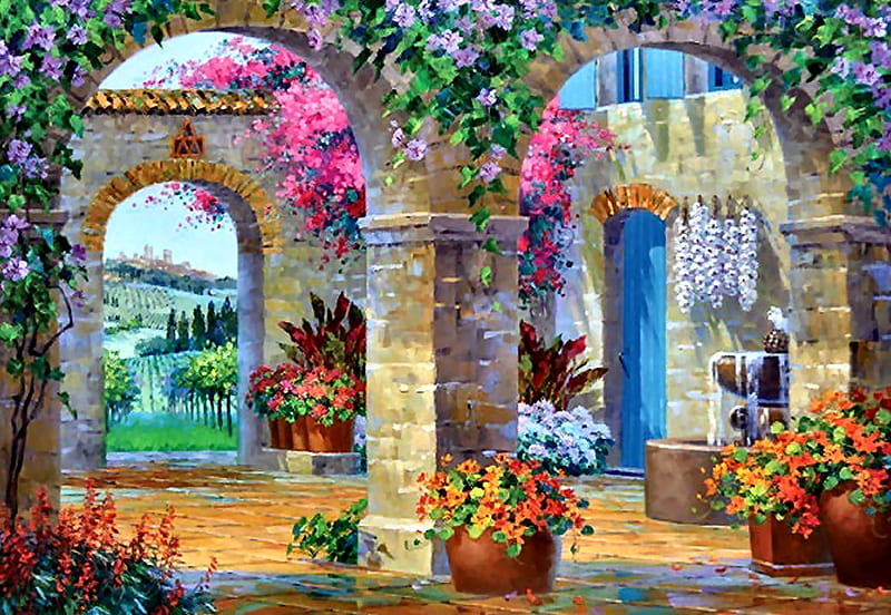 A Glimpse of Tuscany, veranda, patio, art, architecture, bonito, illustration, artwork, painting, wide screen, scenery, HD wallpaper