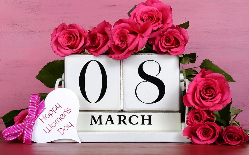 08 March, date, holiday, flowers, number, pink roses, woman day, HD wallpaper