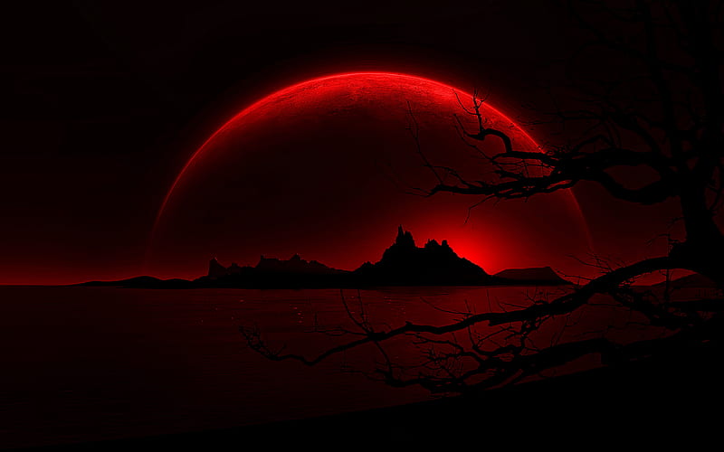silhouette of mountains moon, red landscape, nightscapes, red planet, HD wallpaper