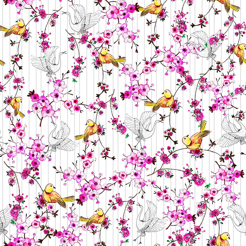 birds, flowers, pattern, art, HD phone wallpaper