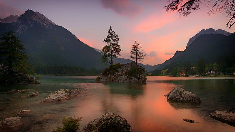 landscape graphy of tree on rock formation surrounded by body of water near mountain during sunset, HD wallpaper