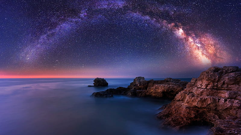 Our Milky Way Over the Sea, stars, rocks, artistic, brown, milky way, sunset, creative, silhouette, galaxy, water, illusion, universe, hop, peach, pink, blue, HD wallpaper