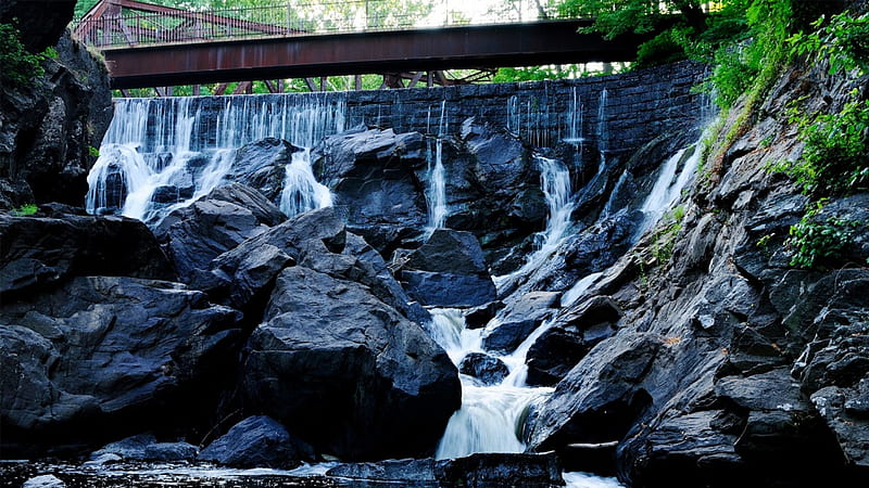metal bridge above a rocky waterfall, rocks, waterfall, wall, bridge, HD wallpaper